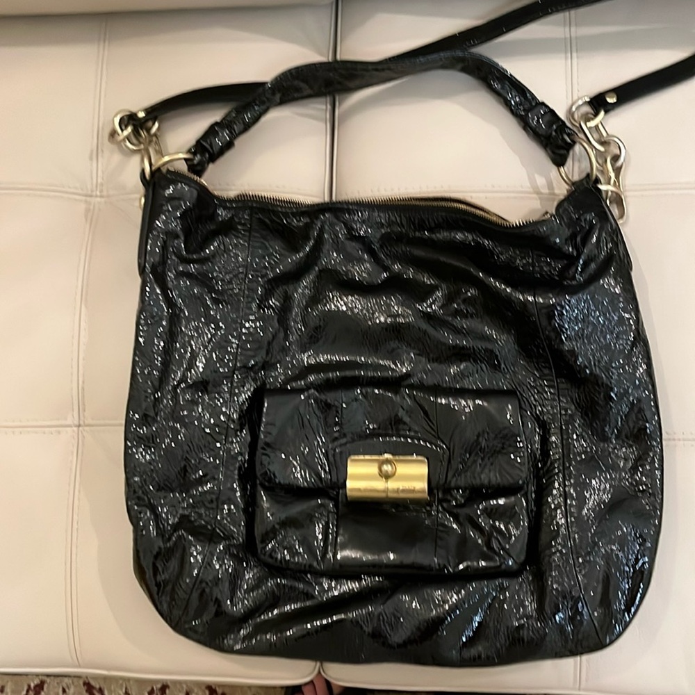 COACH KRISTIN Black Patent Leather Hobo Shoulder Bag Handbag Purse 16013.